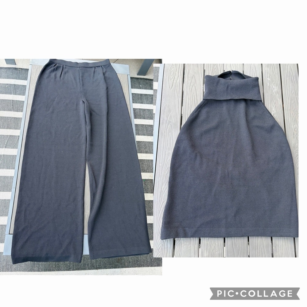 Vtg St John Evening Santana Knit Set Halter Top Wide Leg Pants Black Size 10